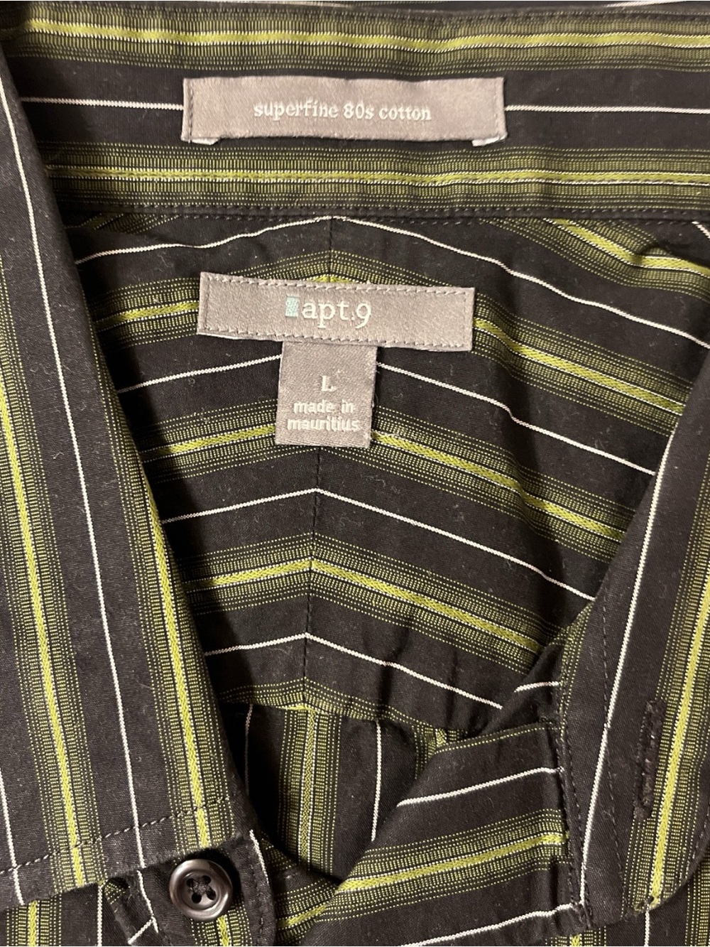 Apt. 9 Black Button-Up Shirt with Olive & White Stripes
